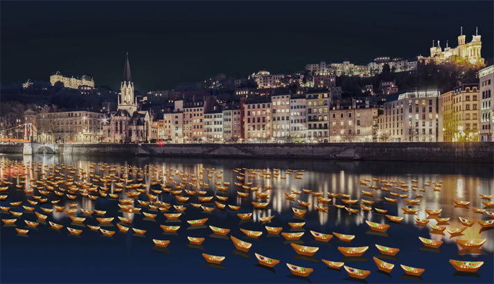 photo de la Saône et de Fourvière pendant la fête des lumières
